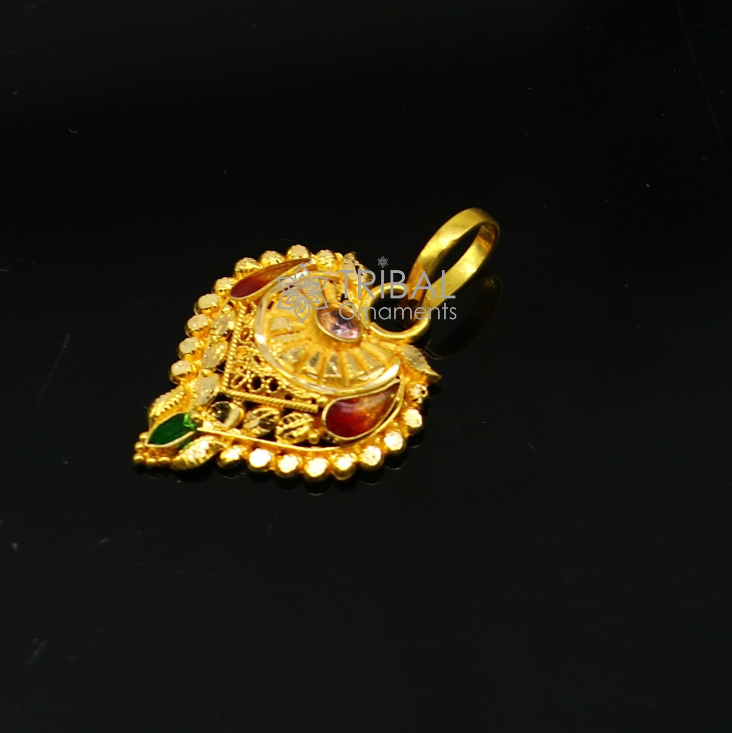 Traditional 22KT yellow gold filigree work ethnic pendant, showcasing intricate tribal craftsmanship for bridal jewelry.