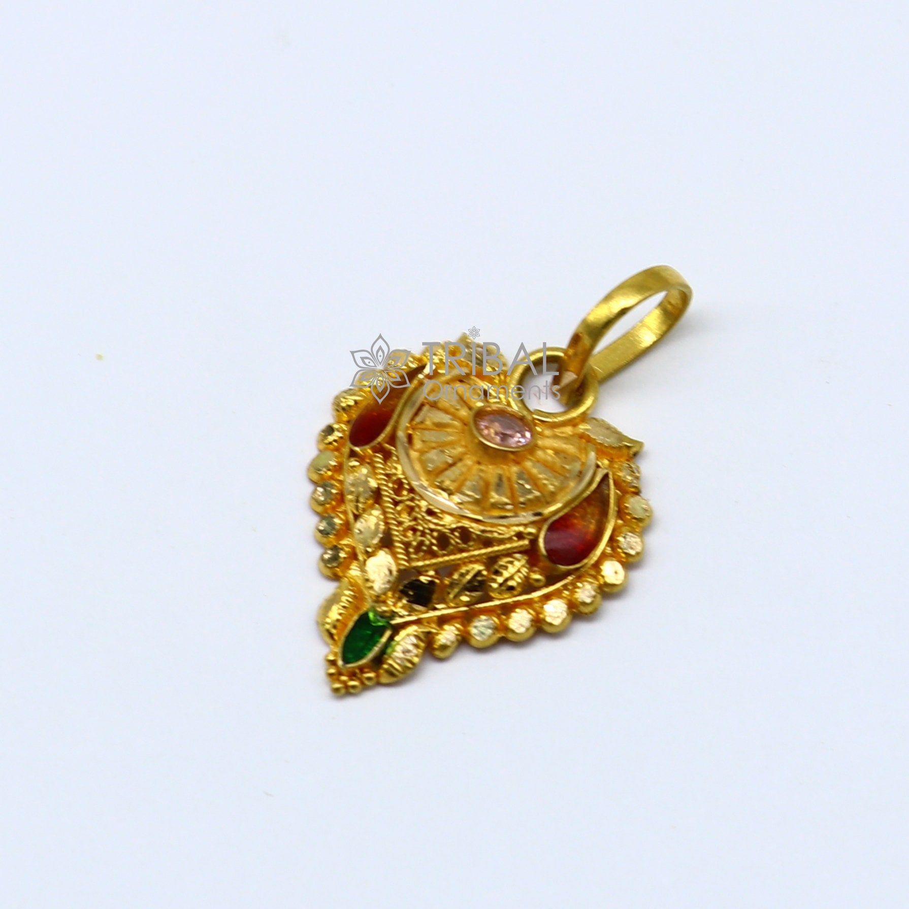 Traditional 22KT yellow gold filigree ethnic pendant with intricate design, perfect for bridal jewelry by TRIBAL ORNAMENTS.
