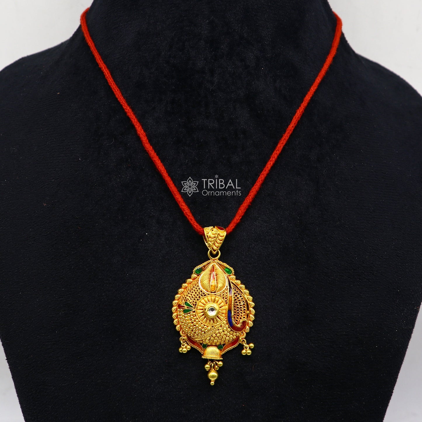 Traditional 22kt yellow gold filigree handmade pendant, ethnic bridal jewelry with intricate design by TRIBAL ORNAMENTS.