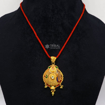 Traditional 22kt yellow gold filigree handmade pendant, ethnic bridal jewelry with intricate design by TRIBAL ORNAMENTS.
