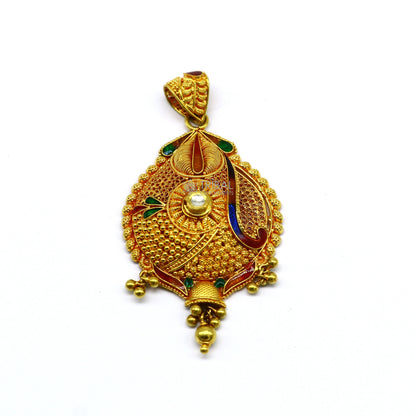 Traditional 22KT yellow gold filigree pendant from TRIBAL ORNAMENTS, showcasing intricate handmade ethnic bridal jewelry design.