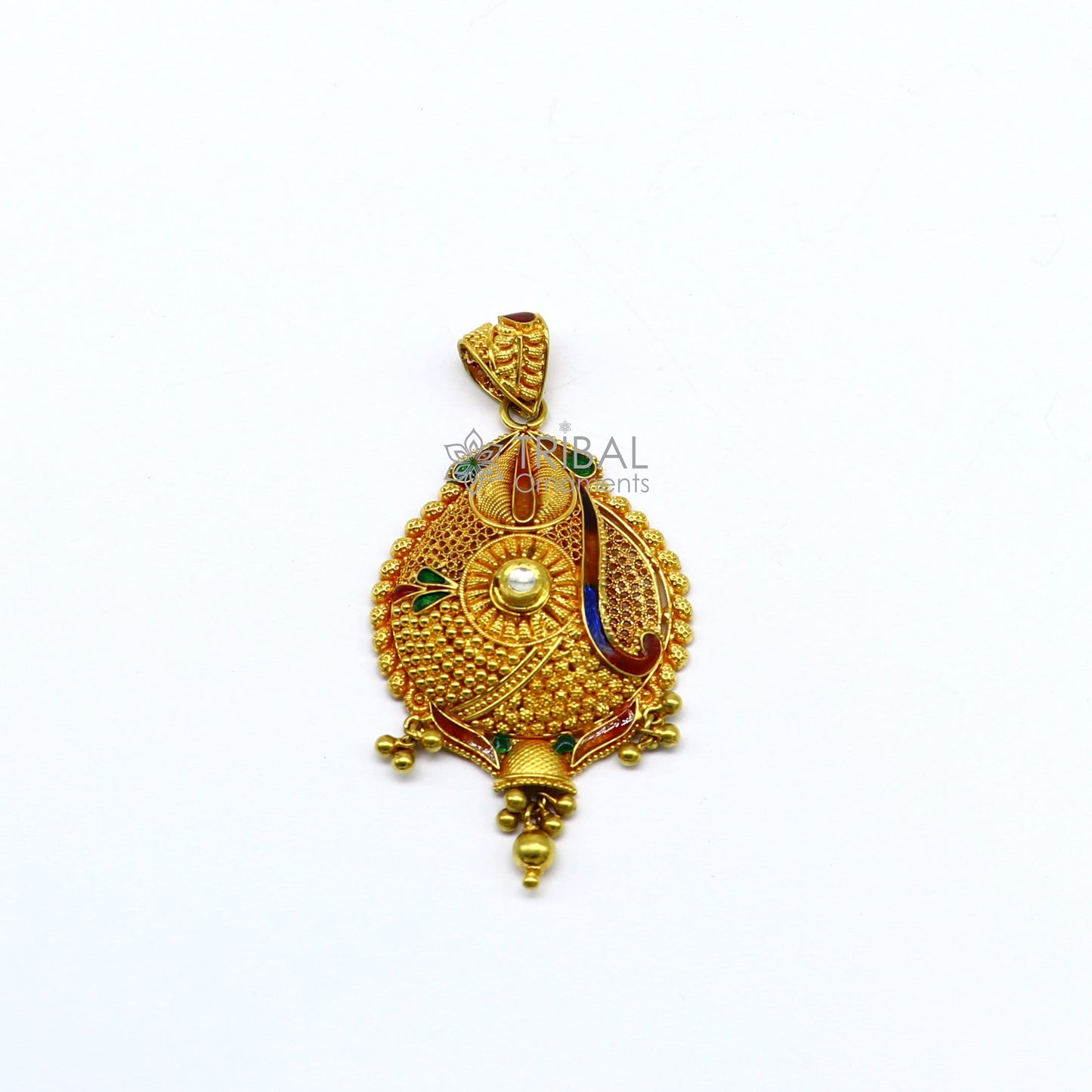 Traditional 22KT yellow gold filigree pendant showcasing intricate handmade ethnic bridal jewelry by TRIBAL ORNAMENTS.