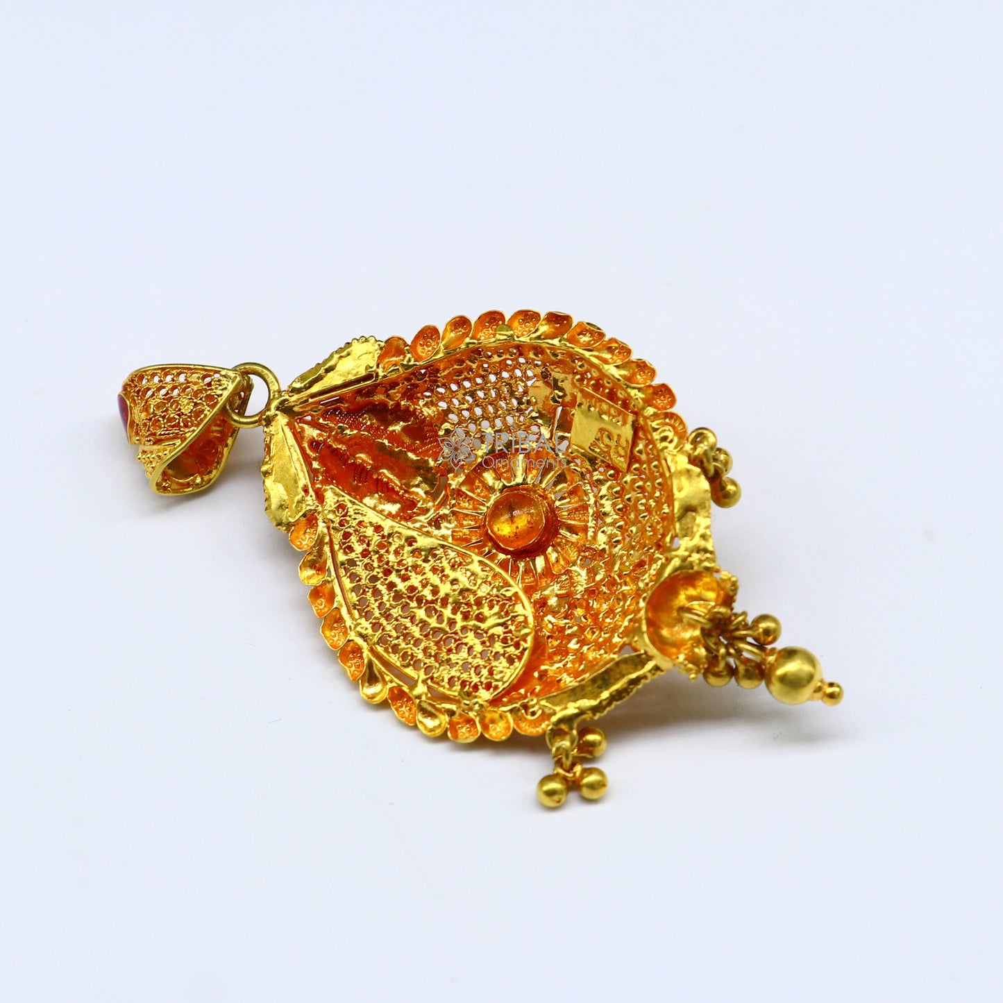 Handmade 22KT yellow gold traditional filigree pendant from TRIBAL ORNAMENTS, featuring intricate ethnic bridal jewelry design.