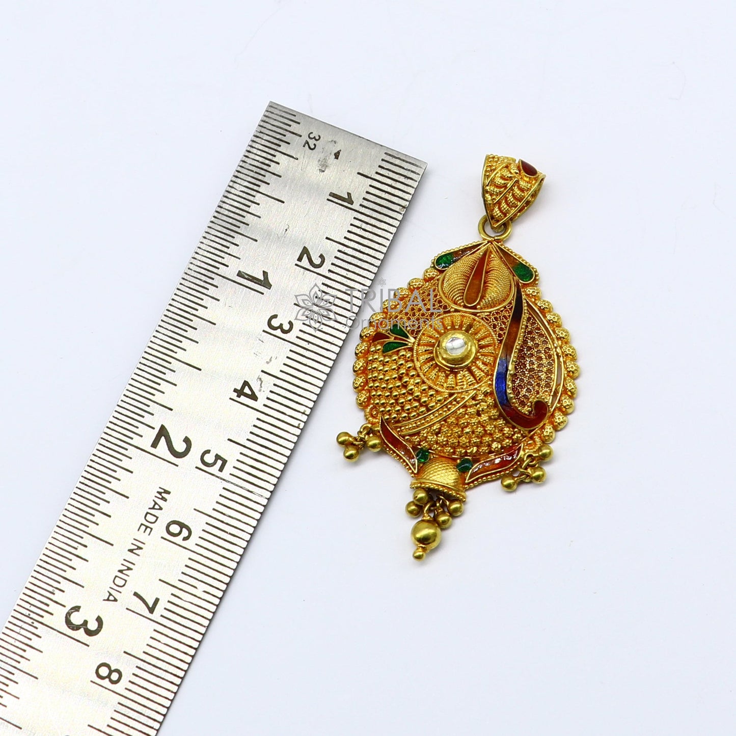 Traditional 22KT yellow gold filigree work handmade pendant from TRIBAL ORNAMENTS, showcasing ethnic bridal jewelry design.