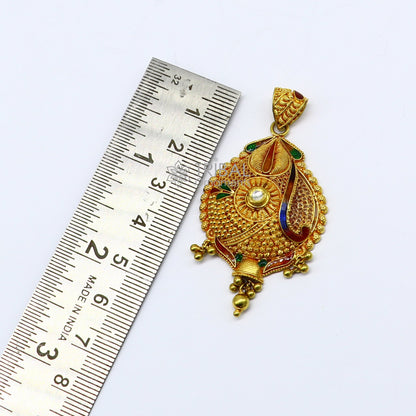 Traditional 22KT yellow gold filigree work handmade pendant from TRIBAL ORNAMENTS, showcasing ethnic bridal jewelry design.