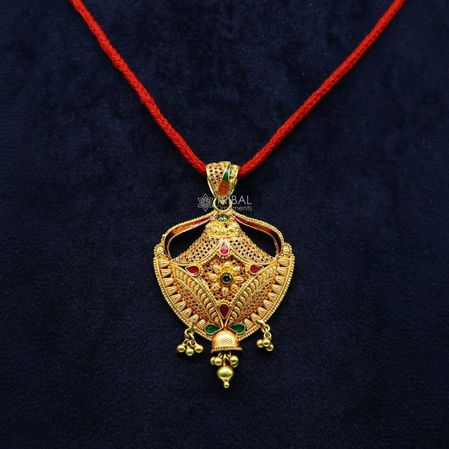 Traditional 22KT yellow gold filigree work pendant, handcrafted ethnic bridal jewelry by TRIBAL ORNAMENTS.