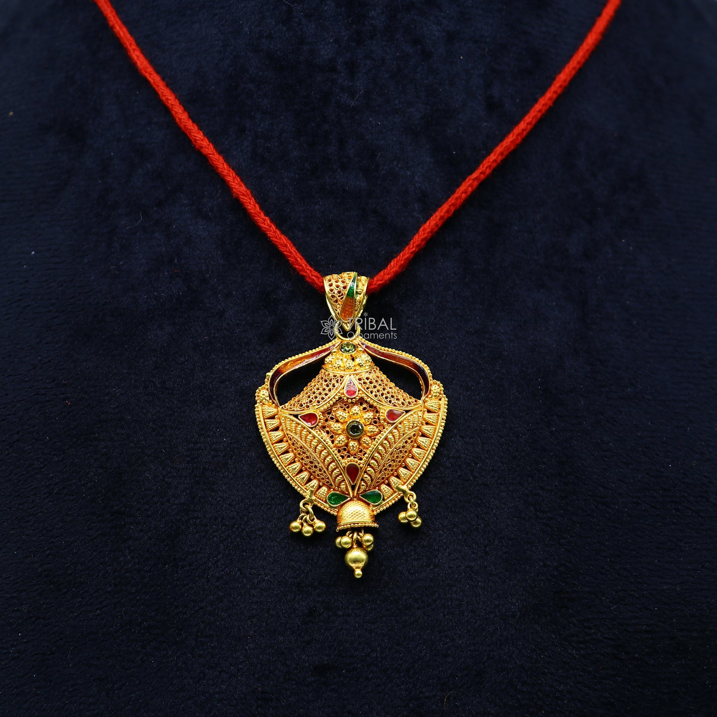 Handmade 22KT yellow gold traditional filigree work pendant, ethnic bridal jewelry with intricate craftsmanship.