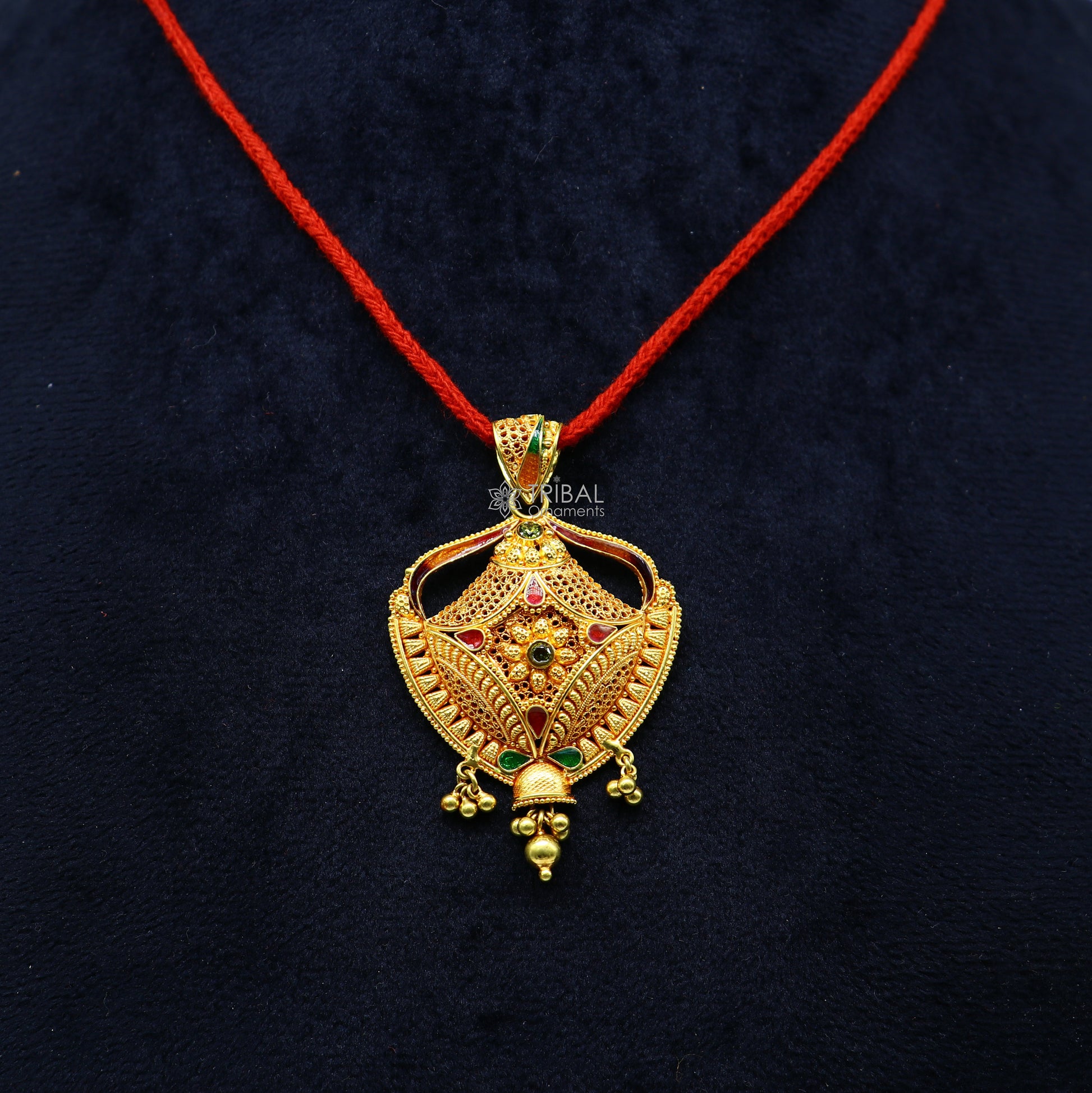 Handmade 22KT yellow gold traditional filigree work pendant, ethnic bridal jewelry with intricate craftsmanship.