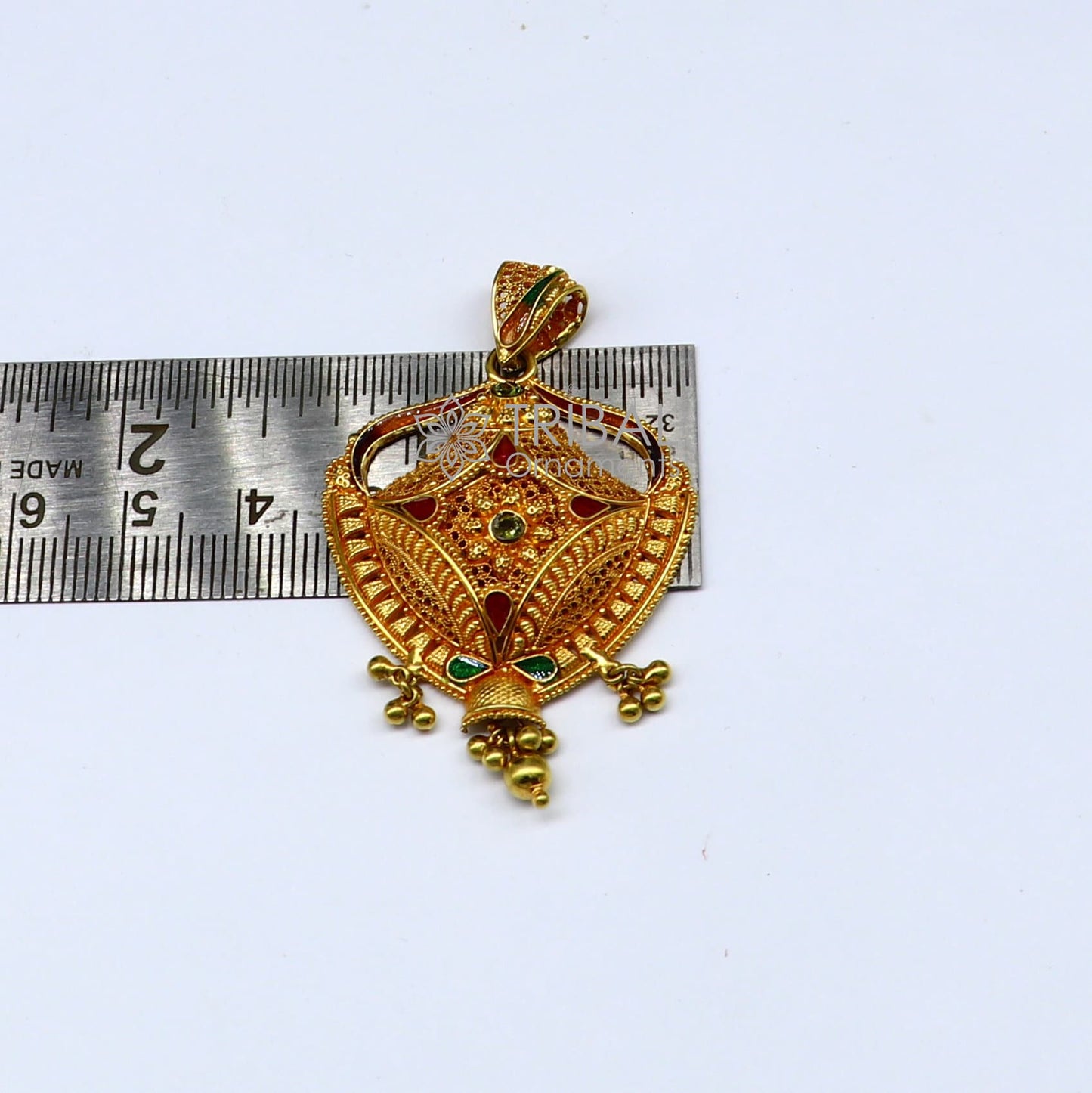 Handmade 22KT yellow gold traditional filigree pendant with intricate ethnic design, ideal for bridal jewelry.