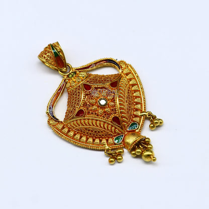 Handmade 22KT yellow gold traditional filigree pendant featuring intricate ethnic bridal jewelry design by TRIBAL ORNAMENTS.