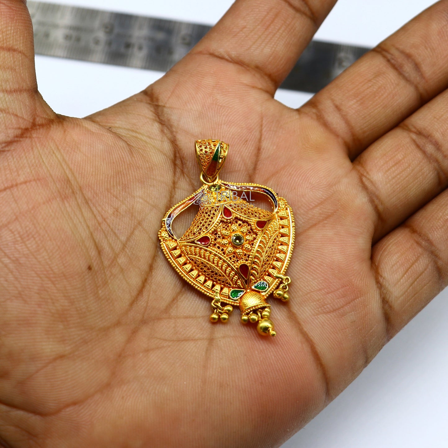 22KT yellow gold traditional filigree pendant by TRIBAL ORNAMENTS, showcasing intricate handmade ethnic bridal jewelry design.