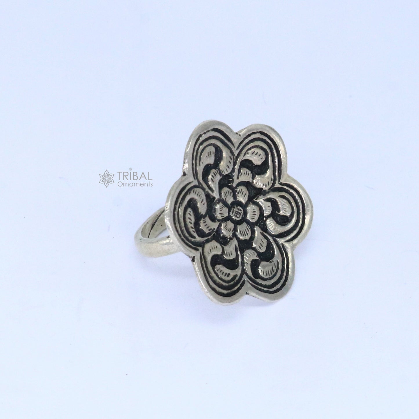 Traditional cultural flower design 925 sterling silver adjustable ring, best tribal ethnic jewelry for belly dance Navratri jewelry sr385 - TRIBAL ORNAMENTS