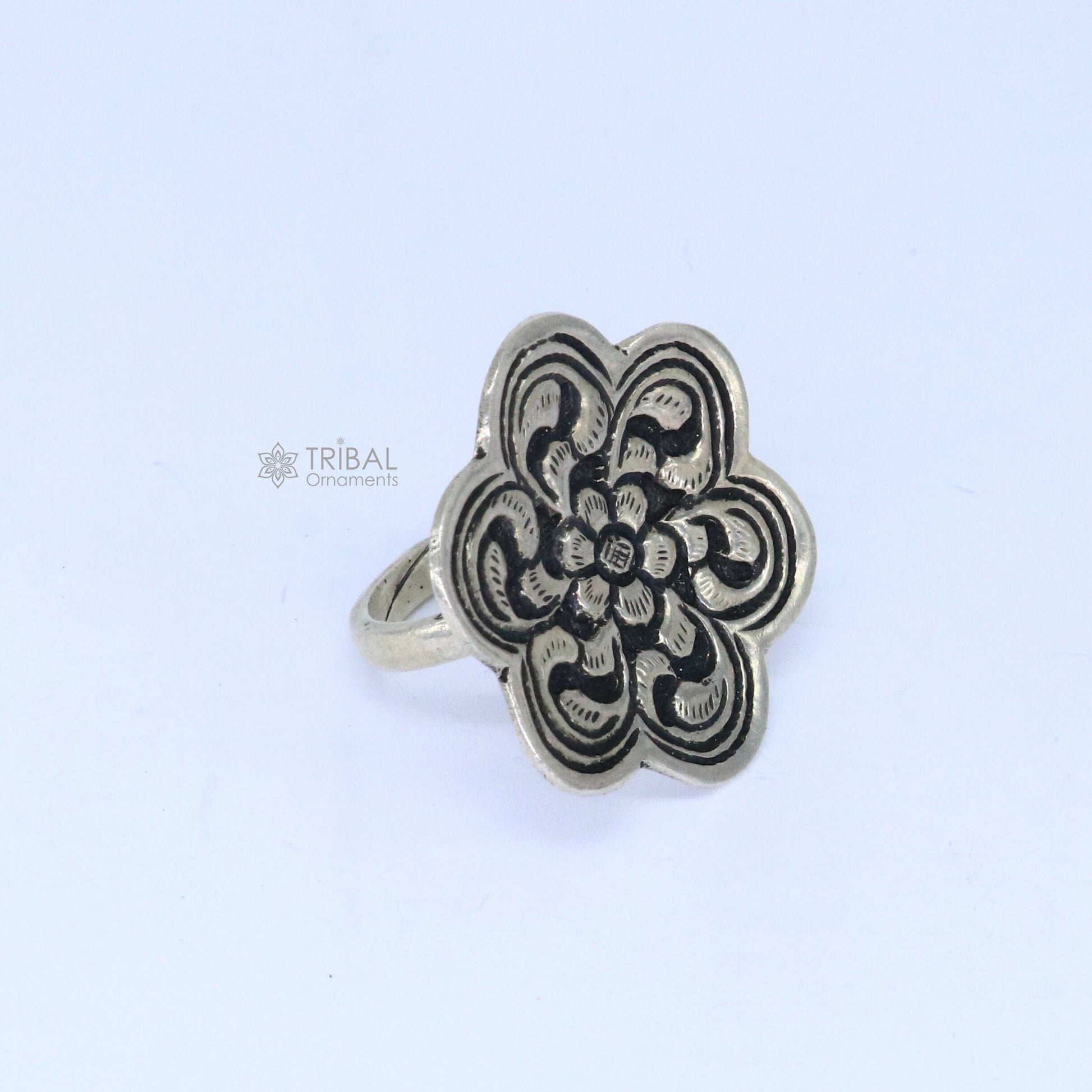 Traditional cultural flower design 925 sterling silver adjustable ring, best tribal ethnic jewelry for belly dance Navratri jewelry sr385 - TRIBAL ORNAMENTS