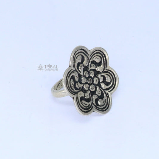 Traditional cultural flower design 925 sterling silver adjustable ring, best tribal ethnic jewelry for belly dance Navratri jewelry sr385 - TRIBAL ORNAMENTS