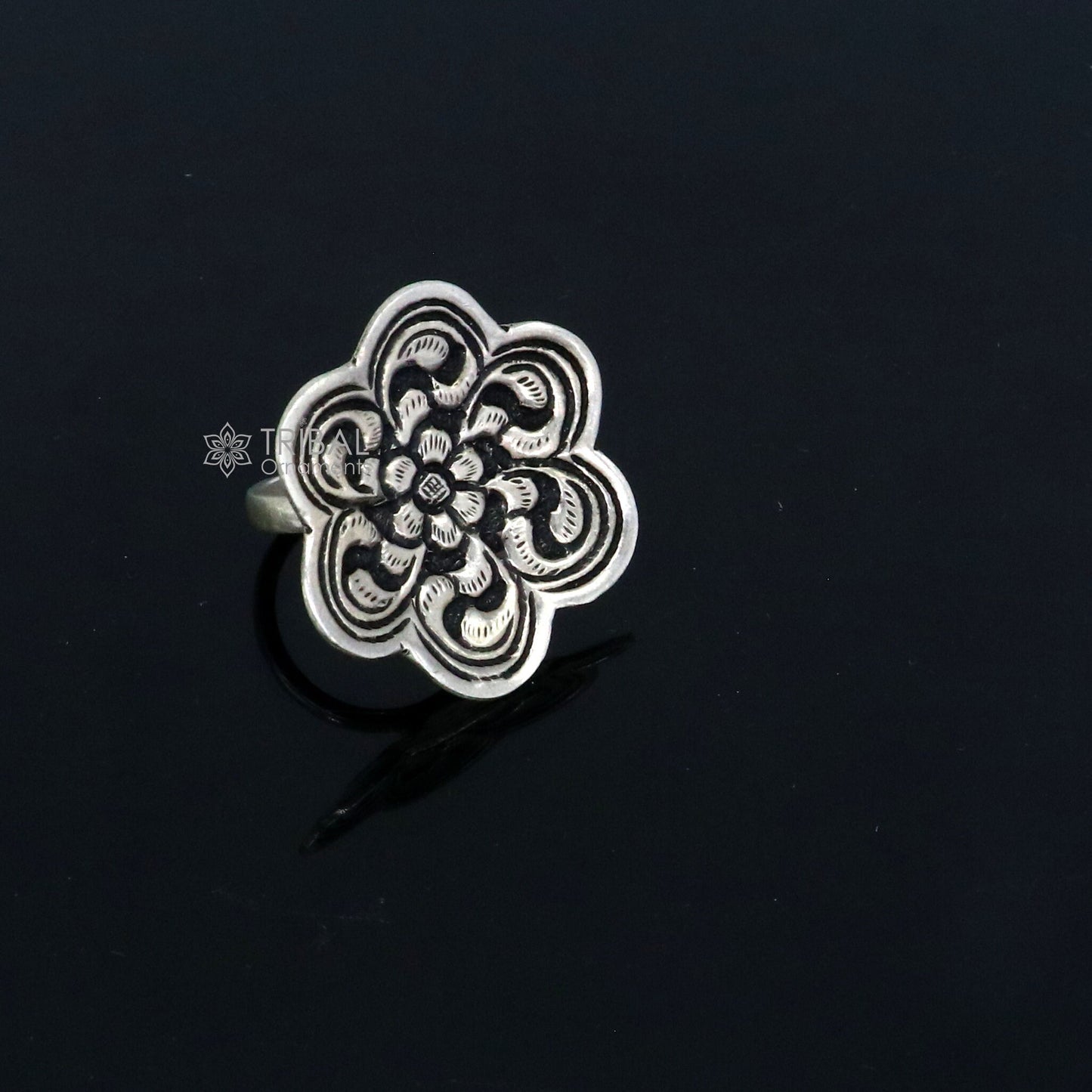 Traditional cultural flower design 925 sterling silver adjustable ring, best tribal ethnic jewelry for belly dance Navratri jewelry sr385 - TRIBAL ORNAMENTS