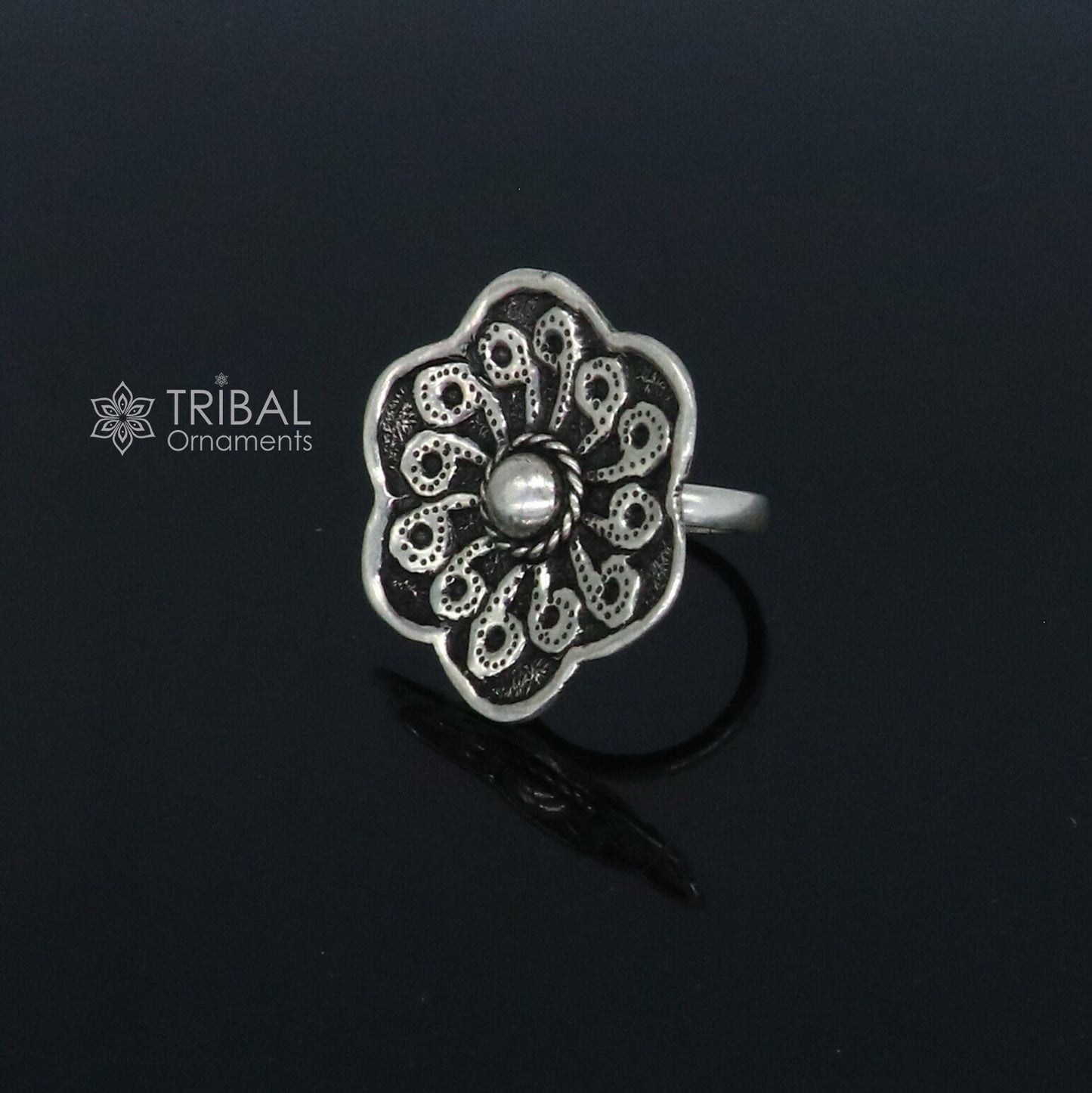 Traditional cultural flower design 925 sterling silver adjustable ring, best tribal ethnic jewelry for belly dance Navratri jewelry sr386 - TRIBAL ORNAMENTS
