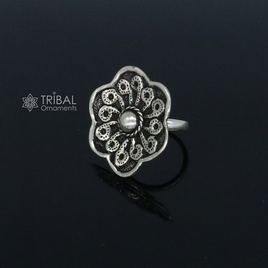 Traditional cultural flower design 925 sterling silver adjustable ring, best tribal ethnic jewelry for belly dance Navratri jewelry sr386 - TRIBAL ORNAMENTS