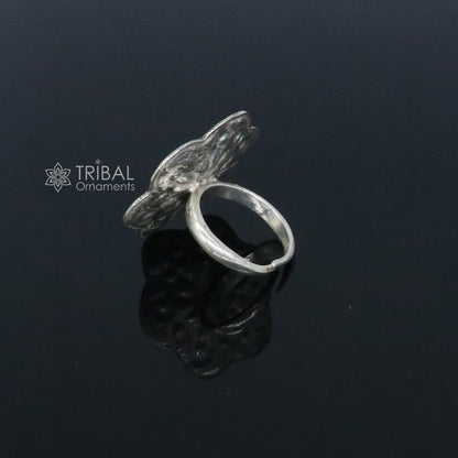 Traditional cultural flower design 925 sterling silver adjustable ring, best tribal ethnic jewelry for belly dance Navratri jewelry sr386 - TRIBAL ORNAMENTS