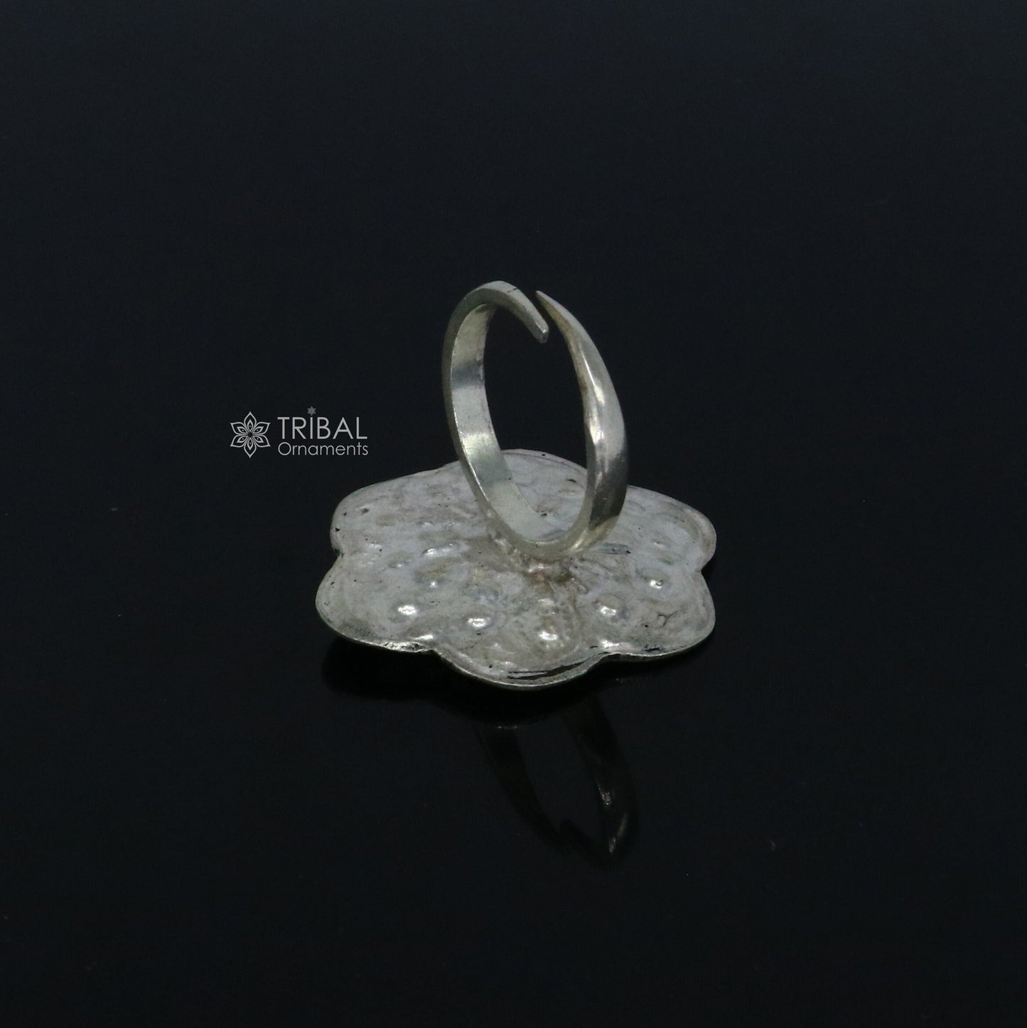 Traditional cultural flower design 925 sterling silver adjustable ring, best tribal ethnic jewelry for belly dance Navratri jewelry sr386 - TRIBAL ORNAMENTS