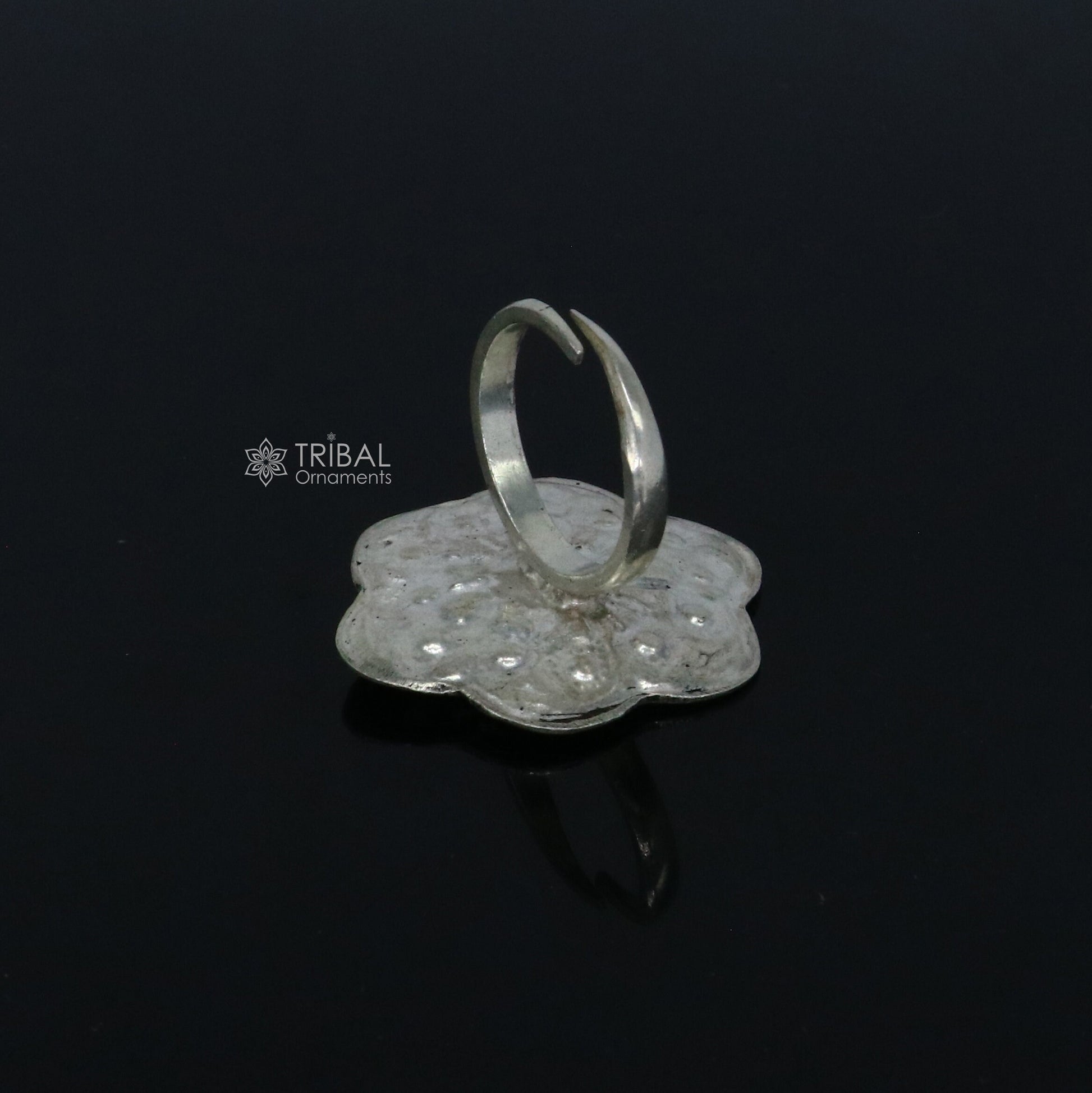 Traditional cultural flower design 925 sterling silver adjustable ring, best tribal ethnic jewelry for belly dance Navratri jewelry sr386 - TRIBAL ORNAMENTS