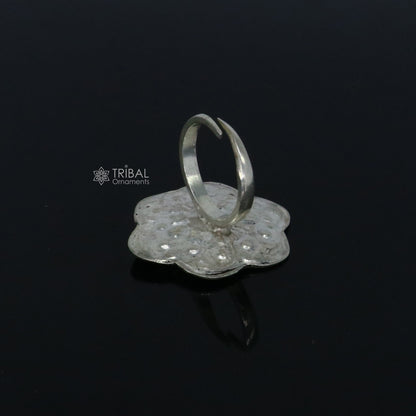 Traditional cultural flower design 925 sterling silver adjustable ring, best tribal ethnic jewelry for belly dance Navratri jewelry sr386 - TRIBAL ORNAMENTS