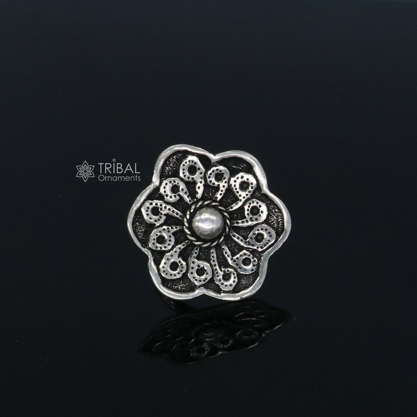 Traditional cultural flower design 925 sterling silver adjustable ring, best tribal ethnic jewelry for belly dance Navratri jewelry sr386 - TRIBAL ORNAMENTS
