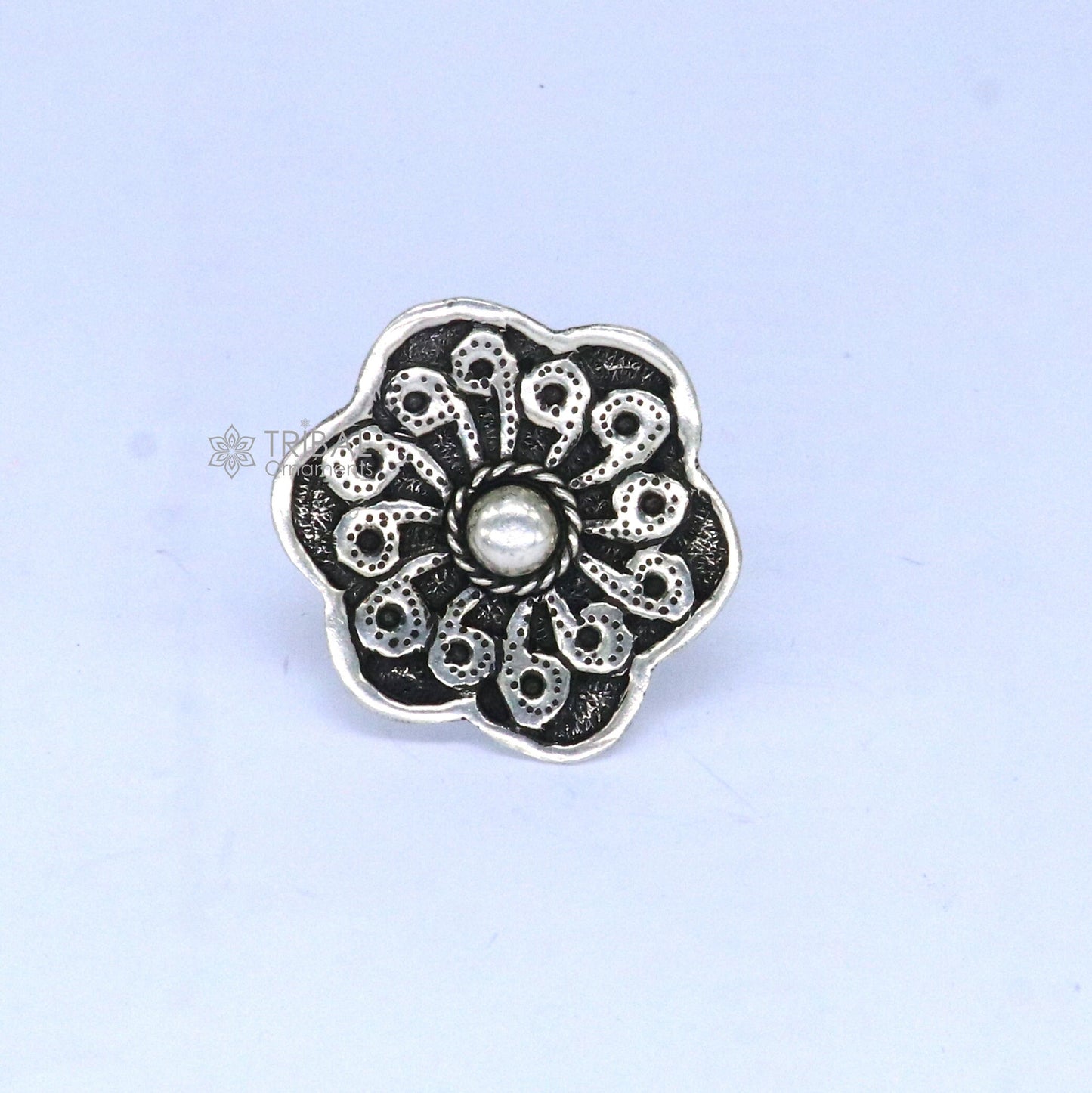 Traditional cultural flower design 925 sterling silver adjustable ring, best tribal ethnic jewelry for belly dance Navratri jewelry sr386 - TRIBAL ORNAMENTS