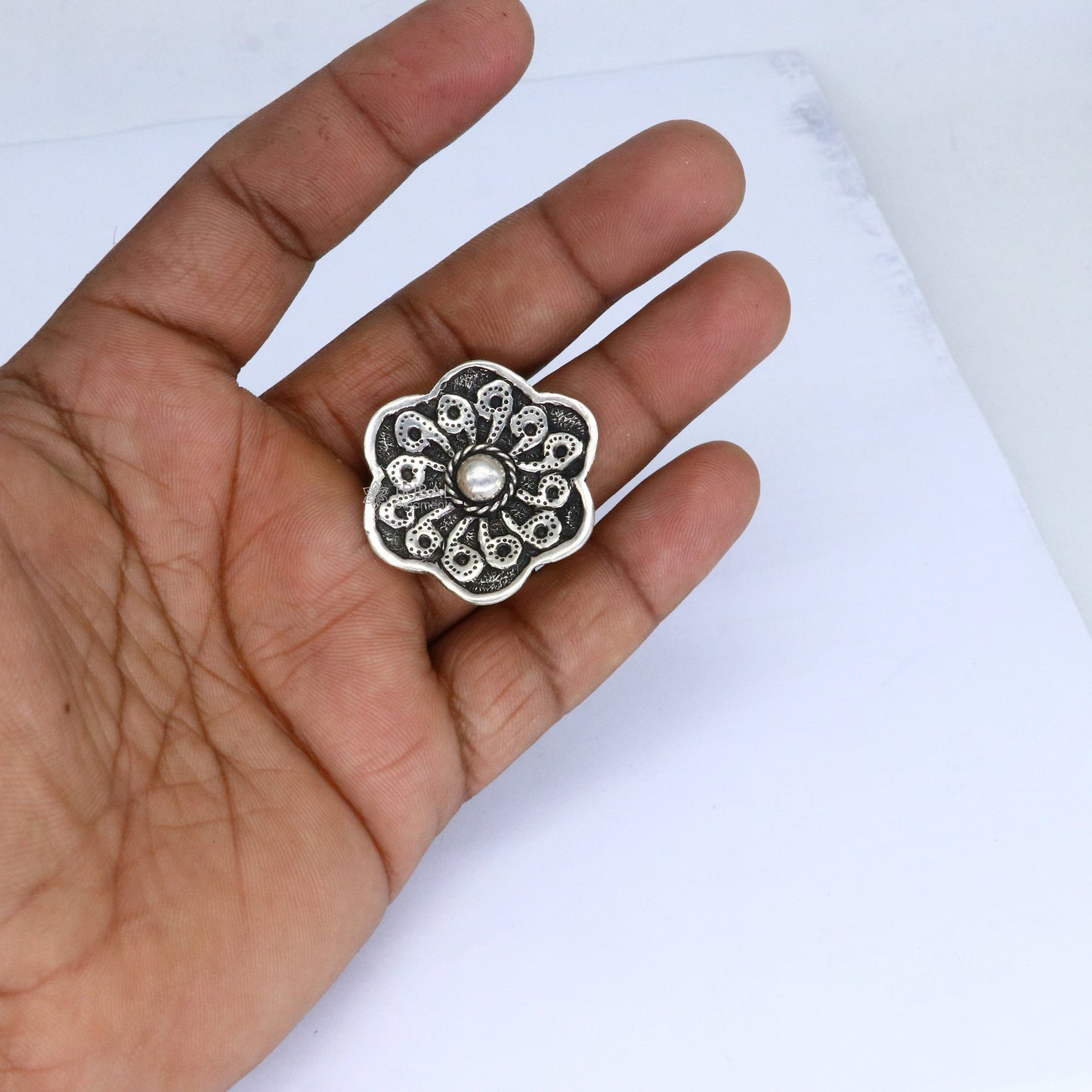 Traditional cultural flower design 925 sterling silver adjustable ring, best tribal ethnic jewelry for belly dance Navratri jewelry sr386 - TRIBAL ORNAMENTS