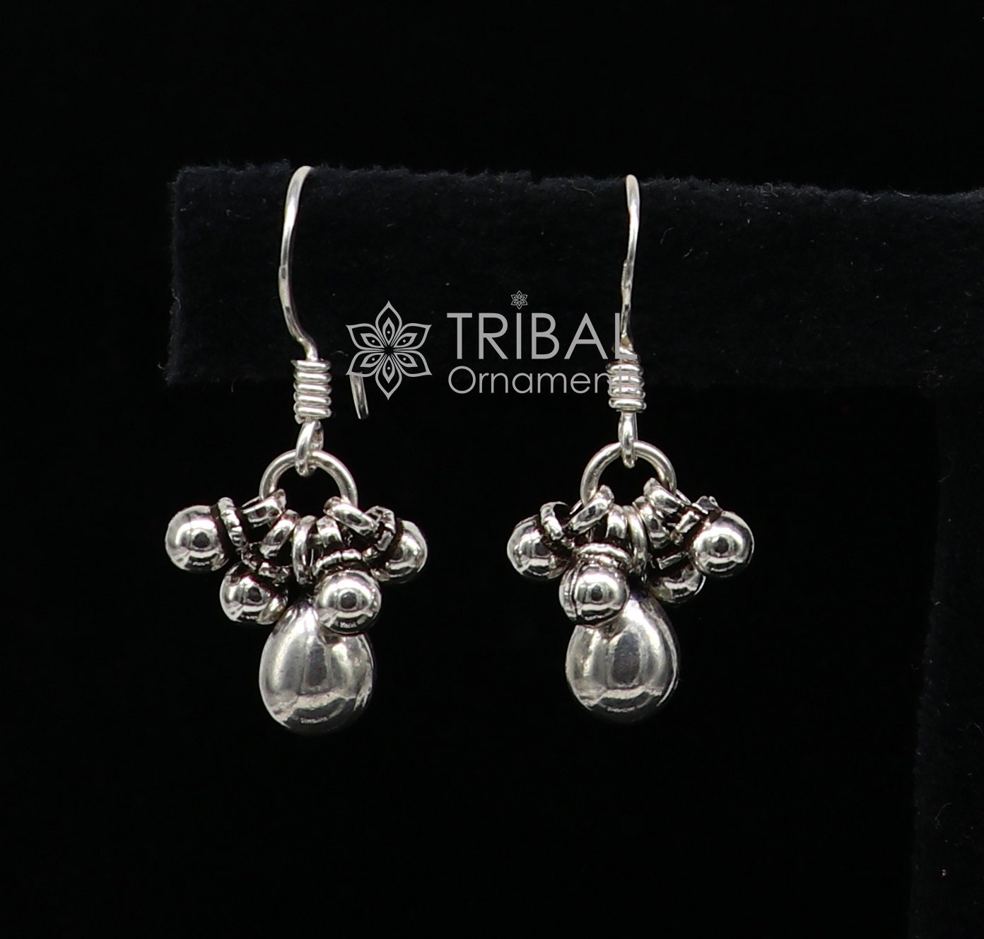 Traditional tribal-inspired 925 sterling silver hoops earrings with hanging drops, custom-designed trendy tribal jewelry.