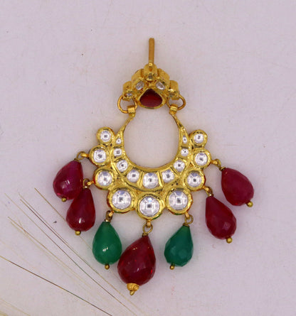 Traditional 22K yellow gold handmade Kundan Jadau dangling earrings with colorful stones, crafted for women's jewelry.