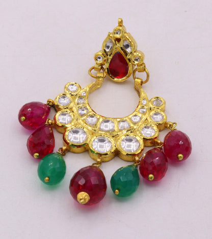 Traditional 22K yellow gold handmade Kundan Jadau dangling earrings with colorful stones, women's jewelry by Tribal Ornaments.