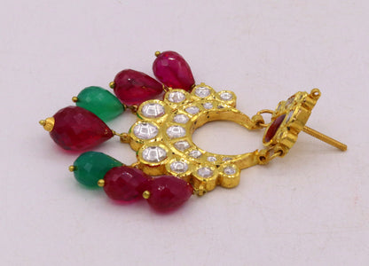 Traditional 22K yellow gold handmade Kundan Jadau dangling earrings with colorful stones, women's jewelry by TRIBAL ORNAMENTS.