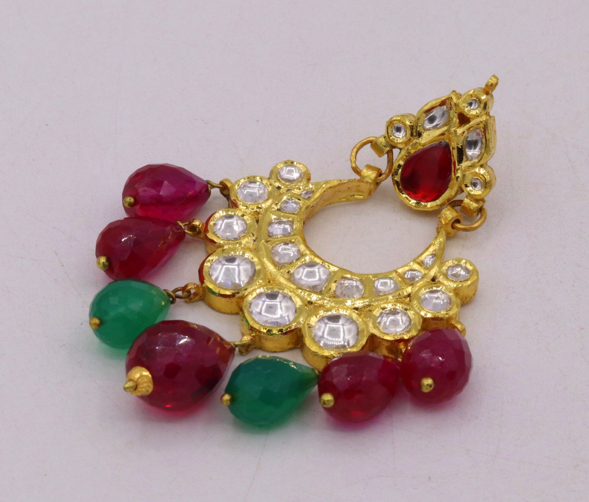 Traditional design 22k yellow gold handmade earring pair fabulous kundan jadau earring dangling with color stone women's jewelry - TRIBAL ORNAMENTS