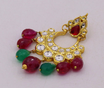 Traditional 22K yellow gold handmade Kundan Jadau dangling earrings with colorful stones, women's jewelry by TRIBAL ORNAMENTS.