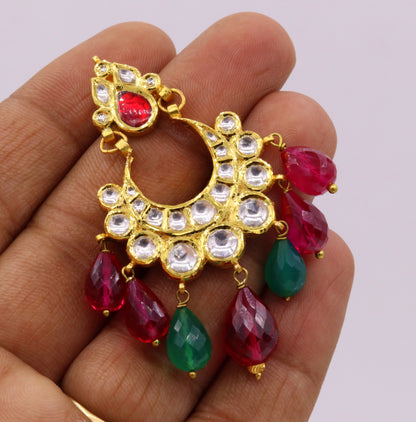 Traditional 22K yellow gold handmade Kundan Jadau dangling earrings with colorful stones, crafted by TRIBAL ORNAMENTS for women.