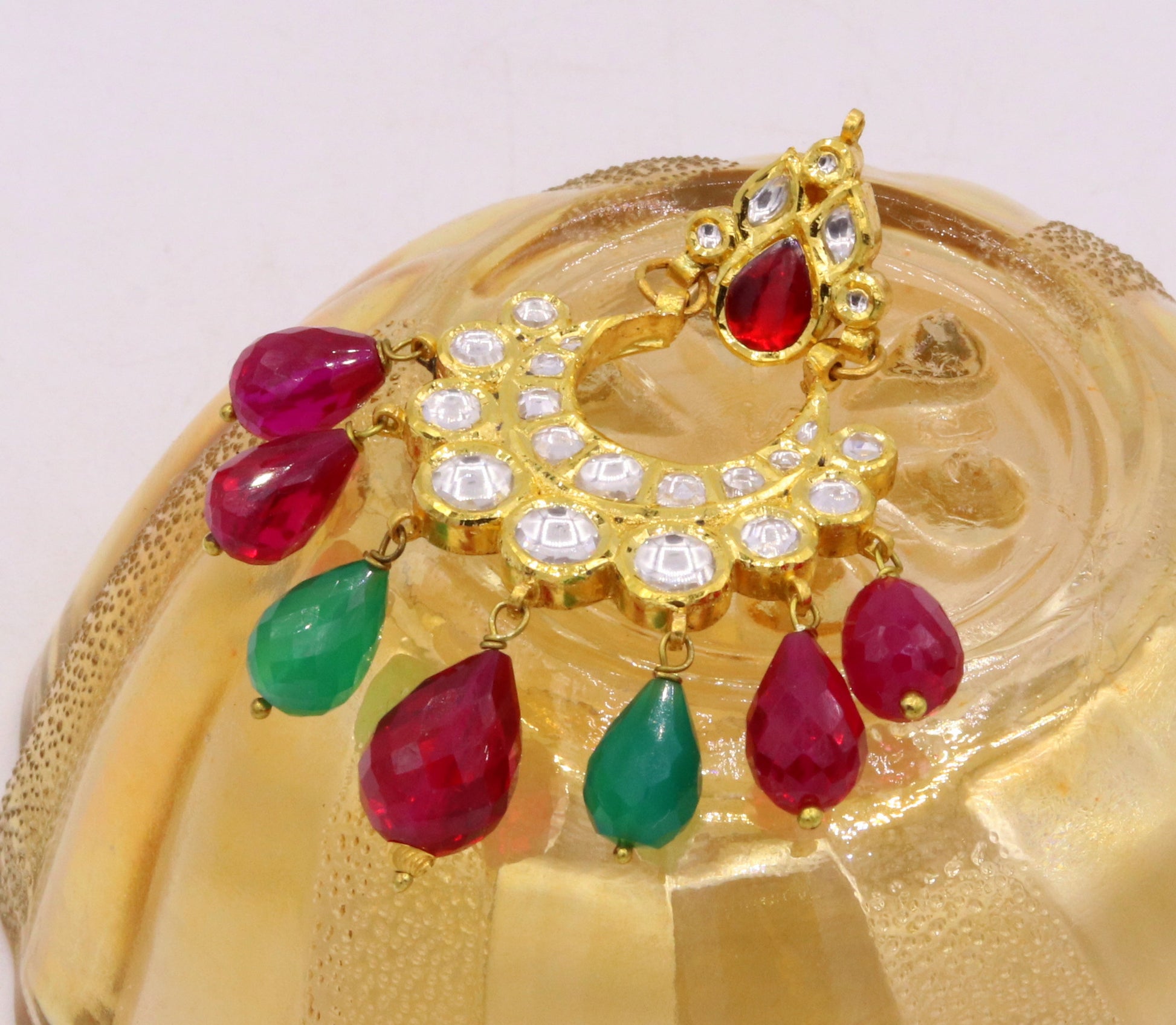 Traditional design 22k yellow gold handmade earring pair fabulous kundan jadau earring dangling with color stone women's jewelry - TRIBAL ORNAMENTS