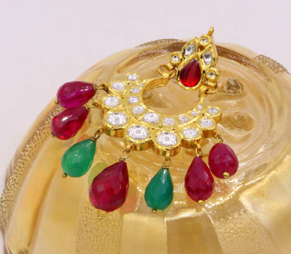 Traditional 22K yellow gold handmade Kundan Jadau dangling earrings with colorful stones, intricate tribal jewelry for women.