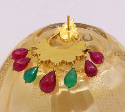 Traditional 22K yellow gold handmade Kundan Jadau dangling earrings with colorful stones, women's jewelry from Tribal Ornaments