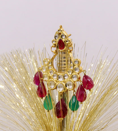 Traditional 22K yellow gold handmade Kundan Jadau dangling earrings with colorful stones, women's jewelry from Tribal Ornaments