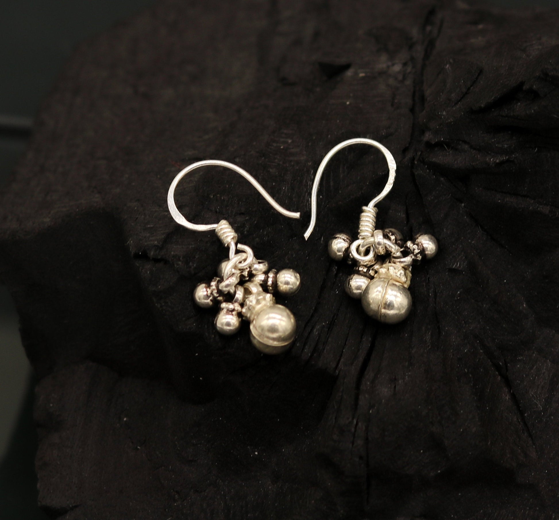 Traditional design 925 sterling silver customized hoops earrings with hanging bells, tribal jewelry, drop dangle style.