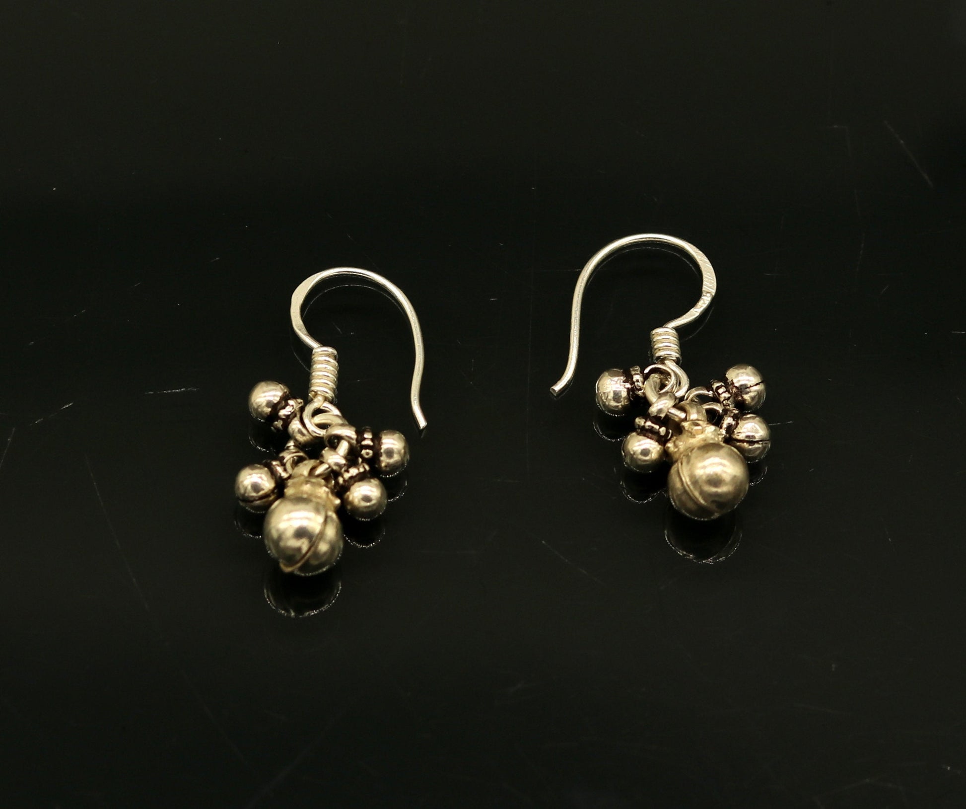Traditional design 925 sterling silver hoops earrings with hanging bells, tribal jewelry, customized, drop dangle style.