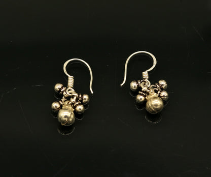 Traditional design 925 sterling silver hoops earrings with hanging bells, tribal jewelry, customized, drop dangle style.