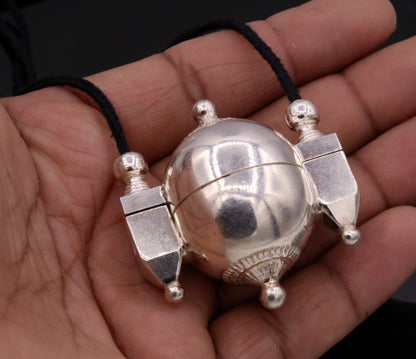 Traditional silver Shiva Lingam box amulet pendant, handcrafted tribal jewelry from Rajasthan India, featuring intricate designs and prayer box.