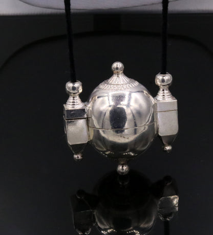 Traditional silver Shiva Lingam box pendant, handmade tribal jewelry from Rajasthan India featuring intricate design and prayer box.