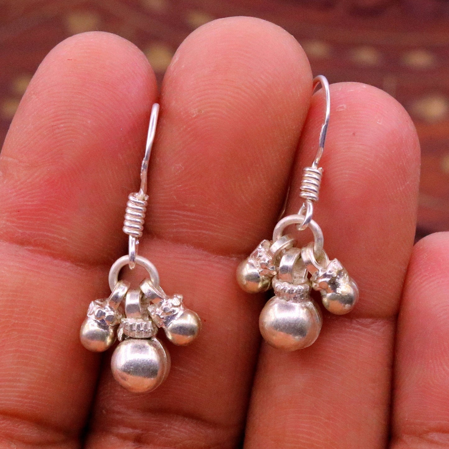 Traditional design sterling silver hoops earrings, fabulous hanging pretty bells drop dangle earrings tribal jewelry from india s644 - TRIBAL ORNAMENTS
