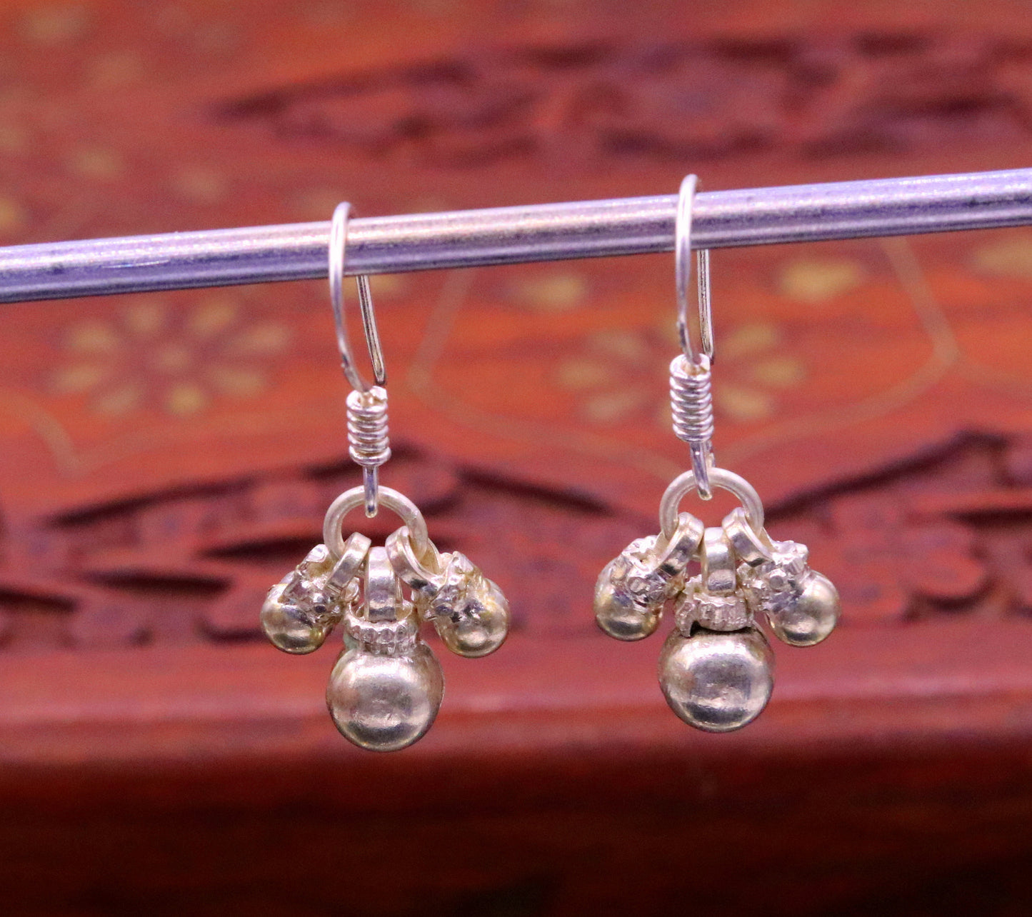 Traditional design sterling silver hoops earrings, fabulous hanging pretty bells drop dangle earrings tribal jewelry from india s644 - TRIBAL ORNAMENTS