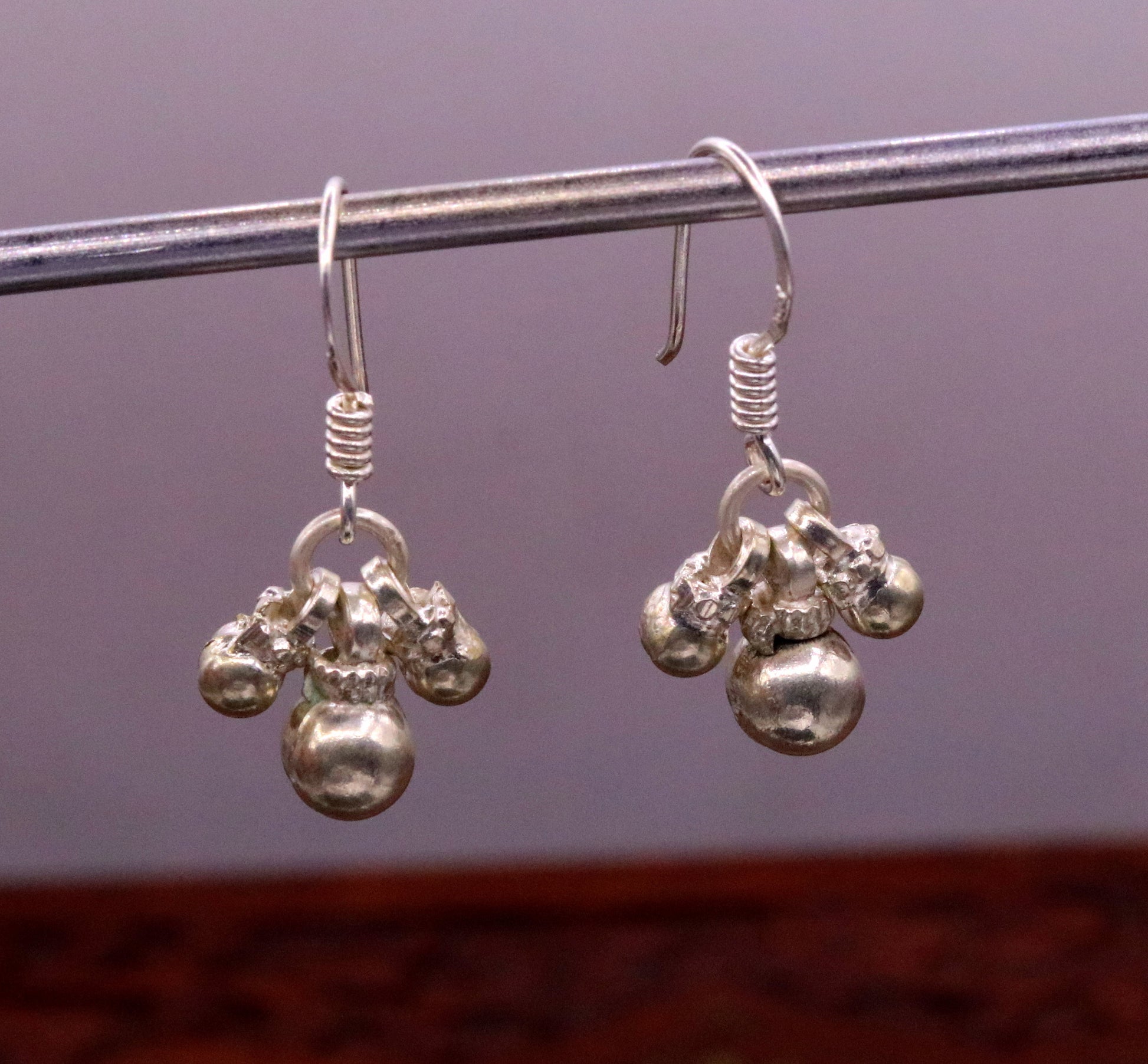 Traditional design sterling silver hoops earrings, fabulous hanging pretty bells drop dangle earrings tribal jewelry from india s644 - TRIBAL ORNAMENTS