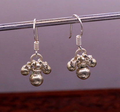 Traditional design sterling silver hoops earrings, fabulous hanging pretty bells drop dangle earrings tribal jewelry from india s644 - TRIBAL ORNAMENTS