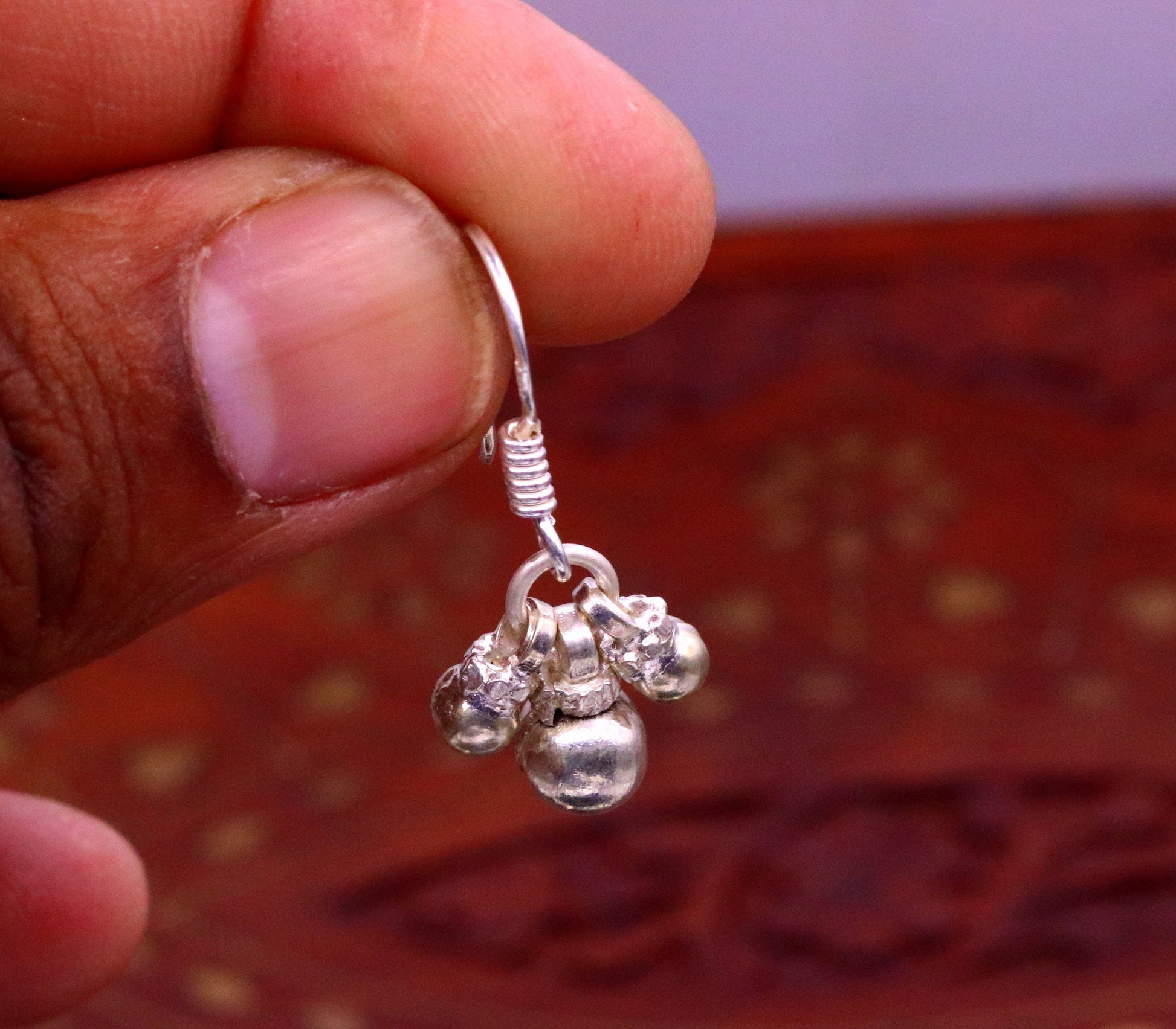 Traditional design sterling silver hoops earrings, fabulous hanging pretty bells drop dangle earrings tribal jewelry from india s644 - TRIBAL ORNAMENTS