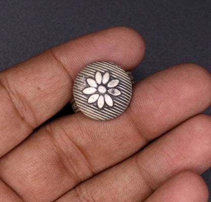 Traditional handmade silver flower-shaped tribal ring from Rajasthan, India, adjustable jewelry by Tribal Ornaments.